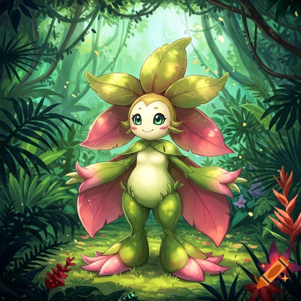 A smiling, green and pink plant-like Digimon, Floramon, stands in a lush, vibrant jungle. Cartoon style.