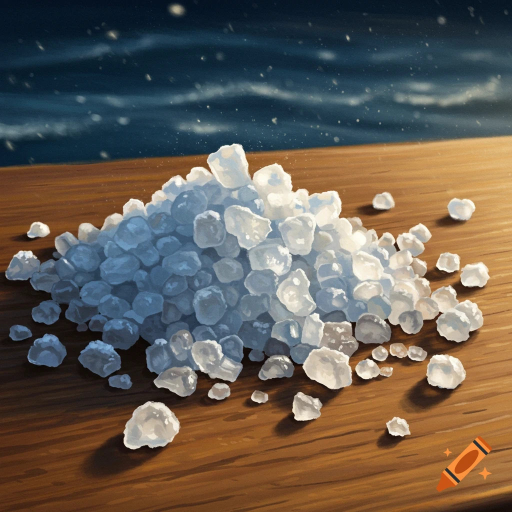 A pile of white, crystalline sea salt rests on a warm wooden surface, with a blurred dark blue ocean in the background.