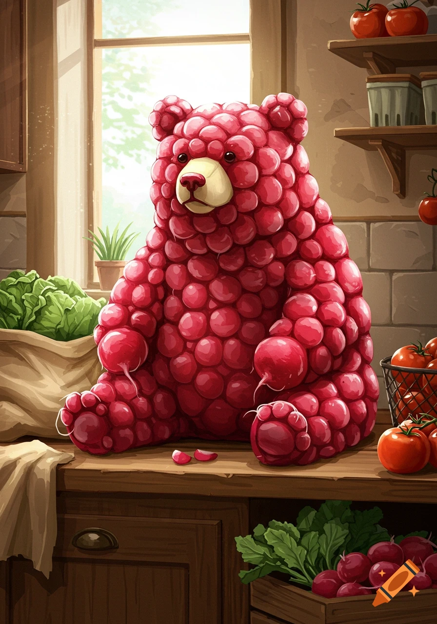 A whimsical bear sculpture made of red radishes sits on a kitchen counter next to fresh vegetables.