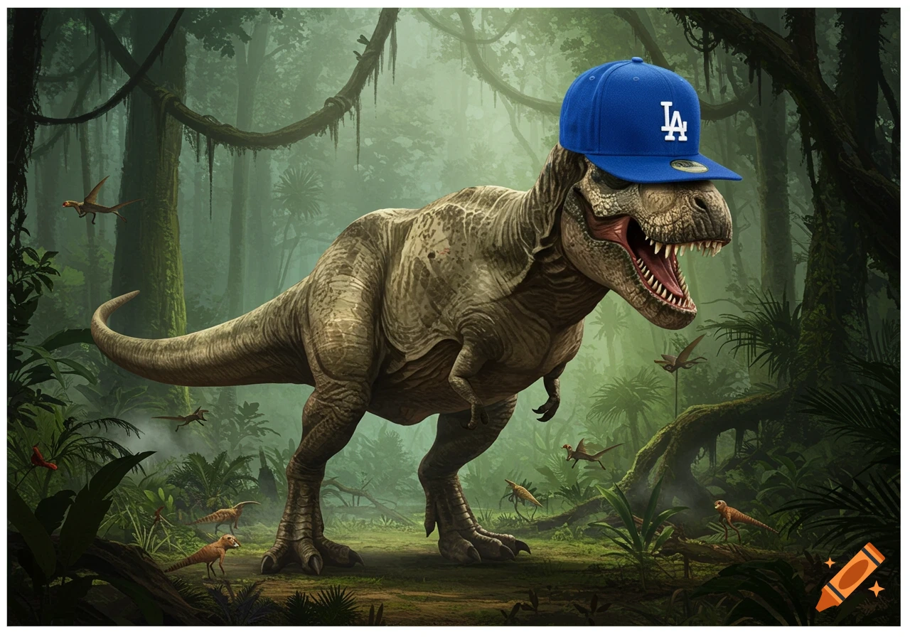 A T-Rex wearing a blue baseball cap with 'LA' in a lush green jungle, with smaller dinosaurs.