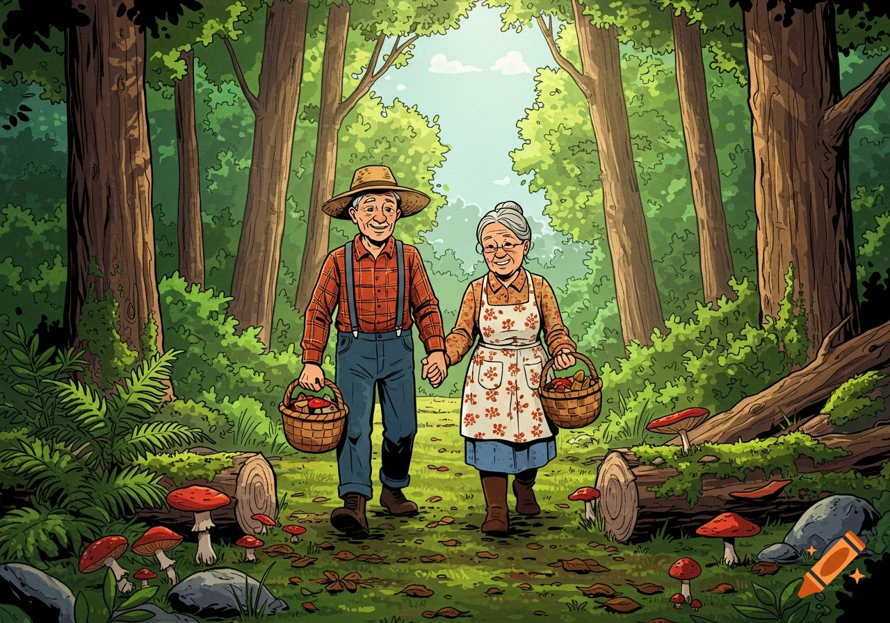 An elderly couple in farmer's attire walks hand-in-hand through a vibrant comic-style forest, carrying baskets of mushrooms.