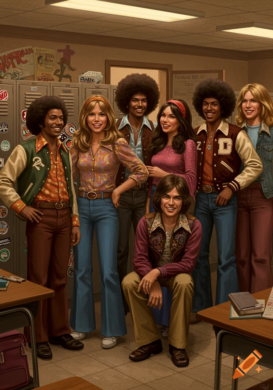 A stylized illustration of a group of diverse young adults in 1970s fashion posing in a school hallway.