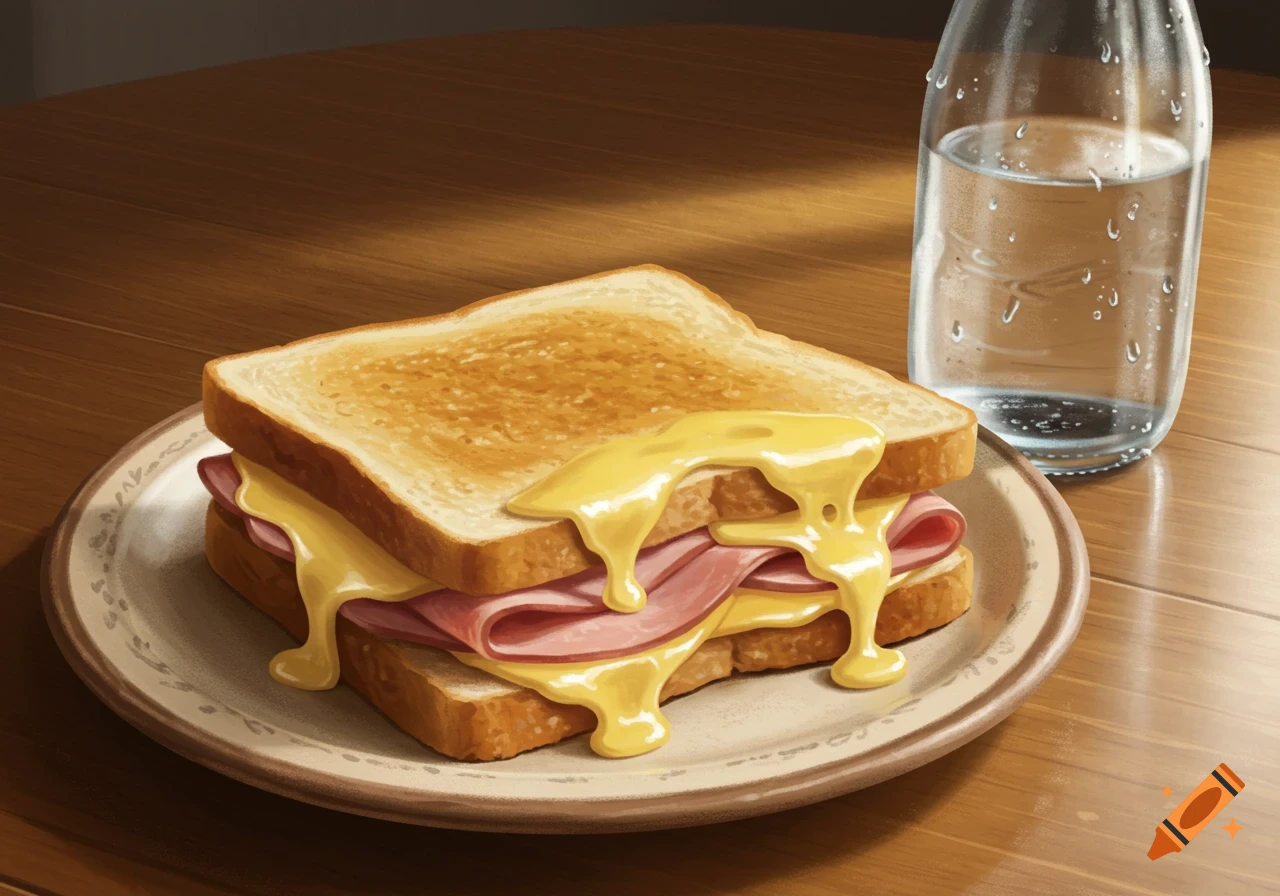 A close-up digital painting of a ham and cheese sandwich with melted cheese on a plate, next to a water bottle on a wooden table.