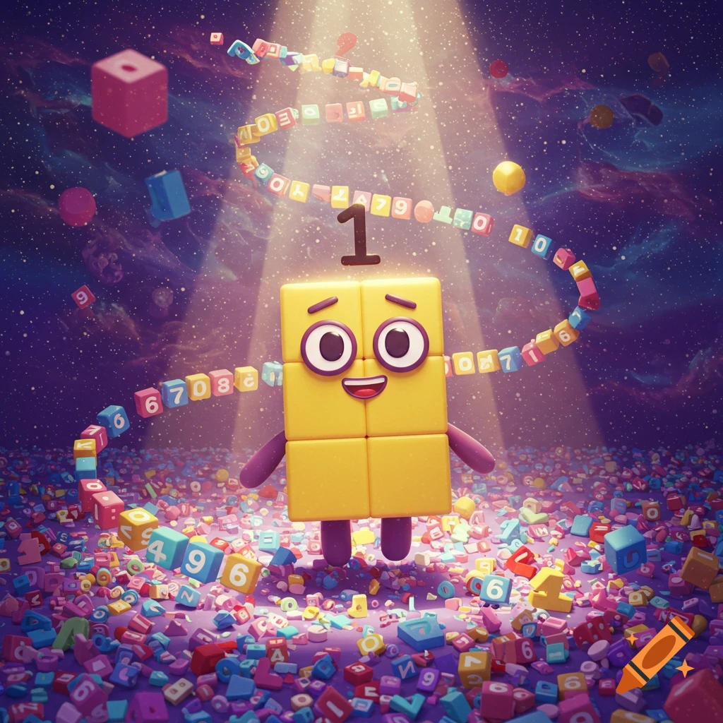 A smiling yellow block character with a large '1' on its head stands amidst scattered colorful number and letter blocks in a starry purple space.