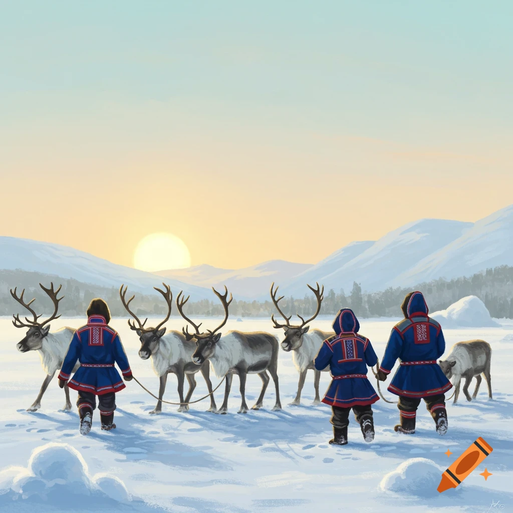 A painterly illustration shows Sami people herding reindeer across a snowy mountain landscape at sunrise.