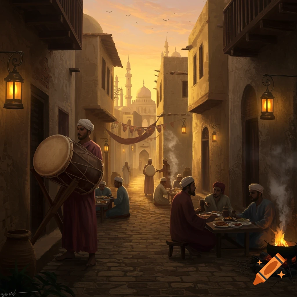 A bustling Middle Eastern street at sunset, with people eating, playing a large drum, and lanterns glowing along the buildings.
