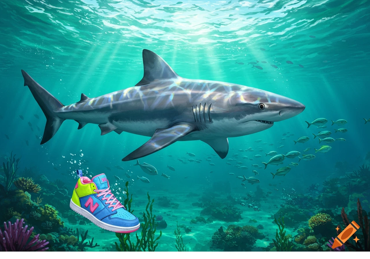 A shark swims over a coral reef next to a floating blue, pink, and neon yellow sneaker underwater.