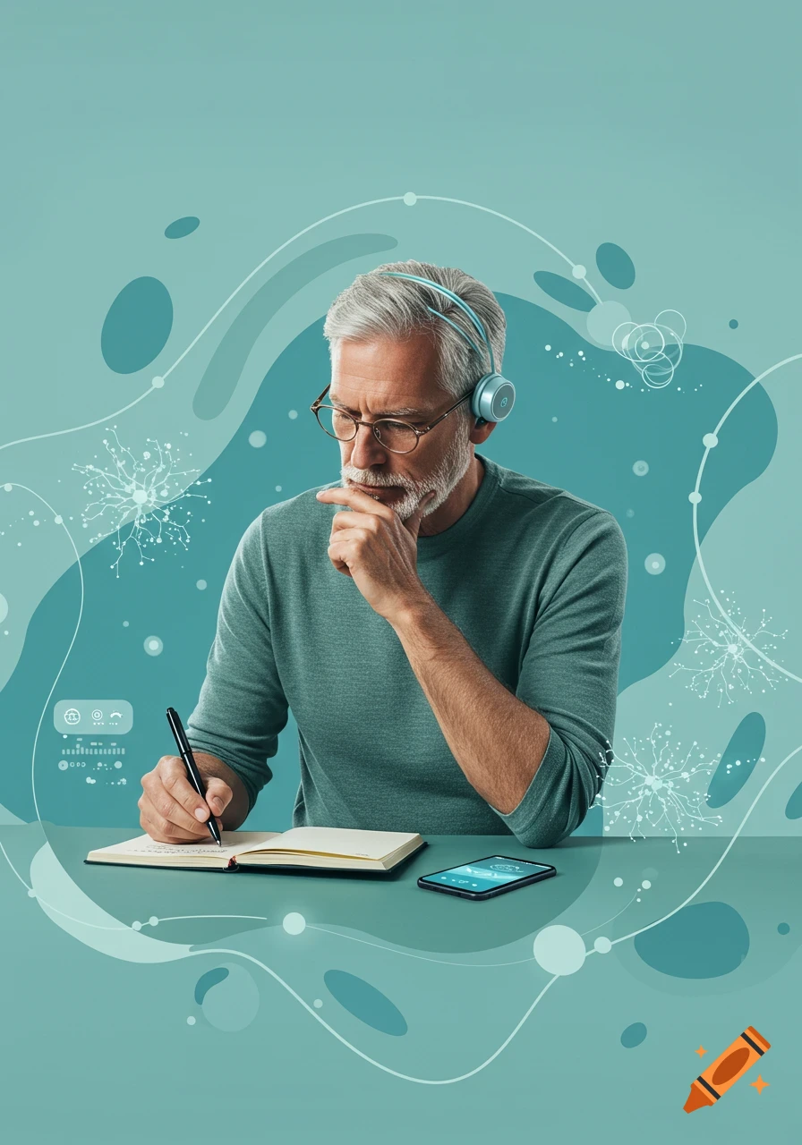 Elderly man with headphones writing in a notebook on a teal abstract background with tech symbols.
