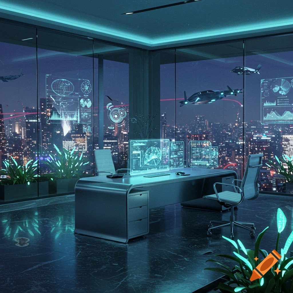 A sleek, futuristic office overlooks a neon-lit city at night, featuring holographic screens displaying data and flying vehicles outside.
