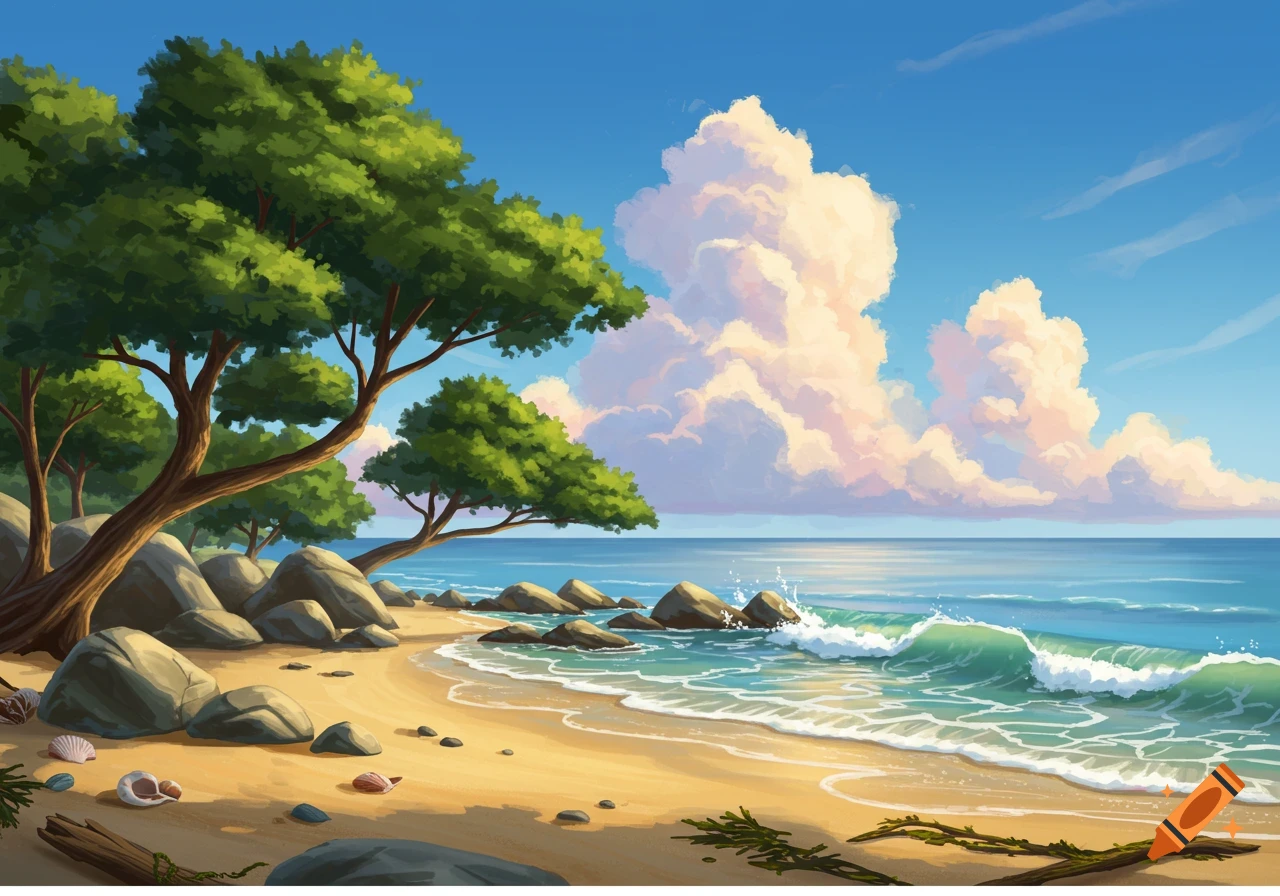 Stylized illustration of a sandy beach with rocks and lush trees, gentle waves in the turquoise ocean, and large fluffy clouds under a blue sky.