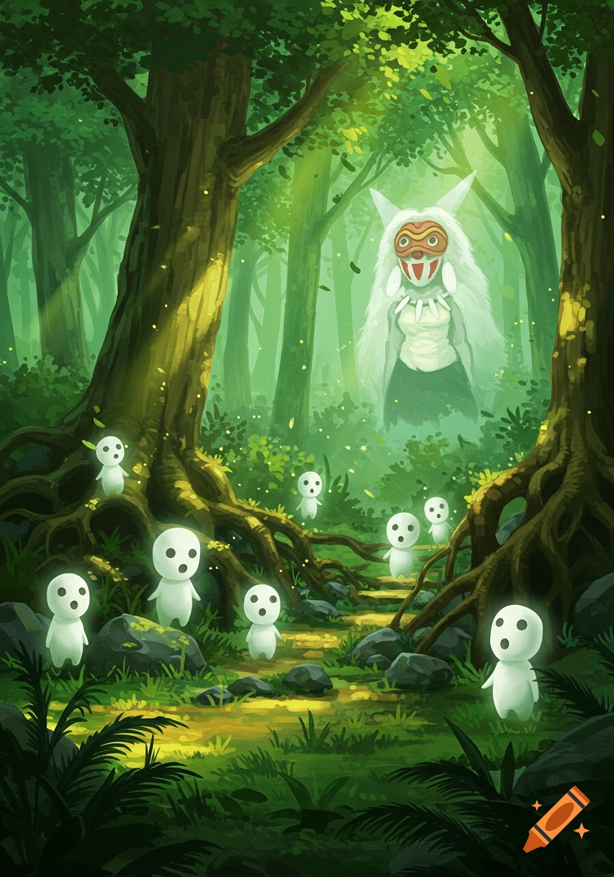Anime illustration of the Night-Walker and Kodama spirits in a lush, luminous forest.