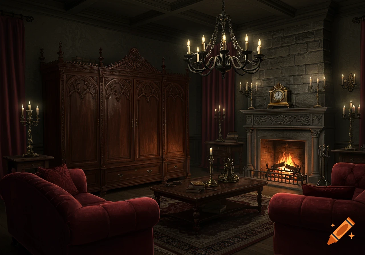 Dimly lit Gothic Victorian drawing room with red sofas, a grand wardrobe, a lit fireplace, and a candle chandelier.