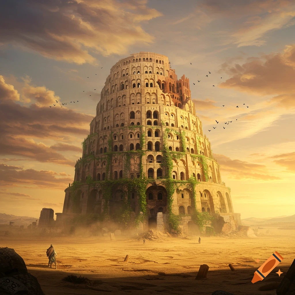 A towering, ancient, ruined ziggurat-like structure with arched windows and green vines stands in a vast desert under a golden sunset.