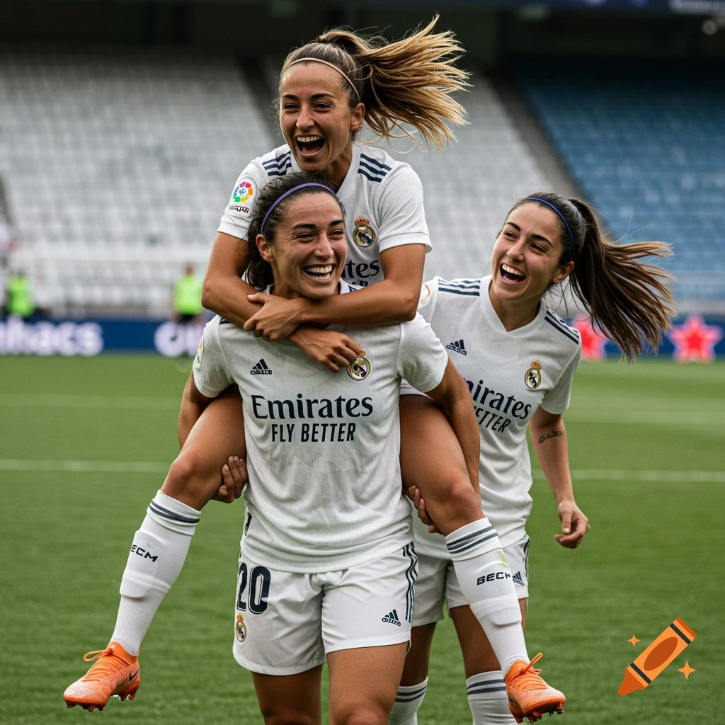 Three smiling women soccer players in white Real Madrid uniforms celebrate on a field.