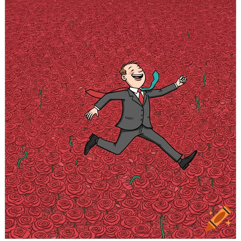 A cartoon man in a suit with a flying tie happily jumps through a vast field of red roses.