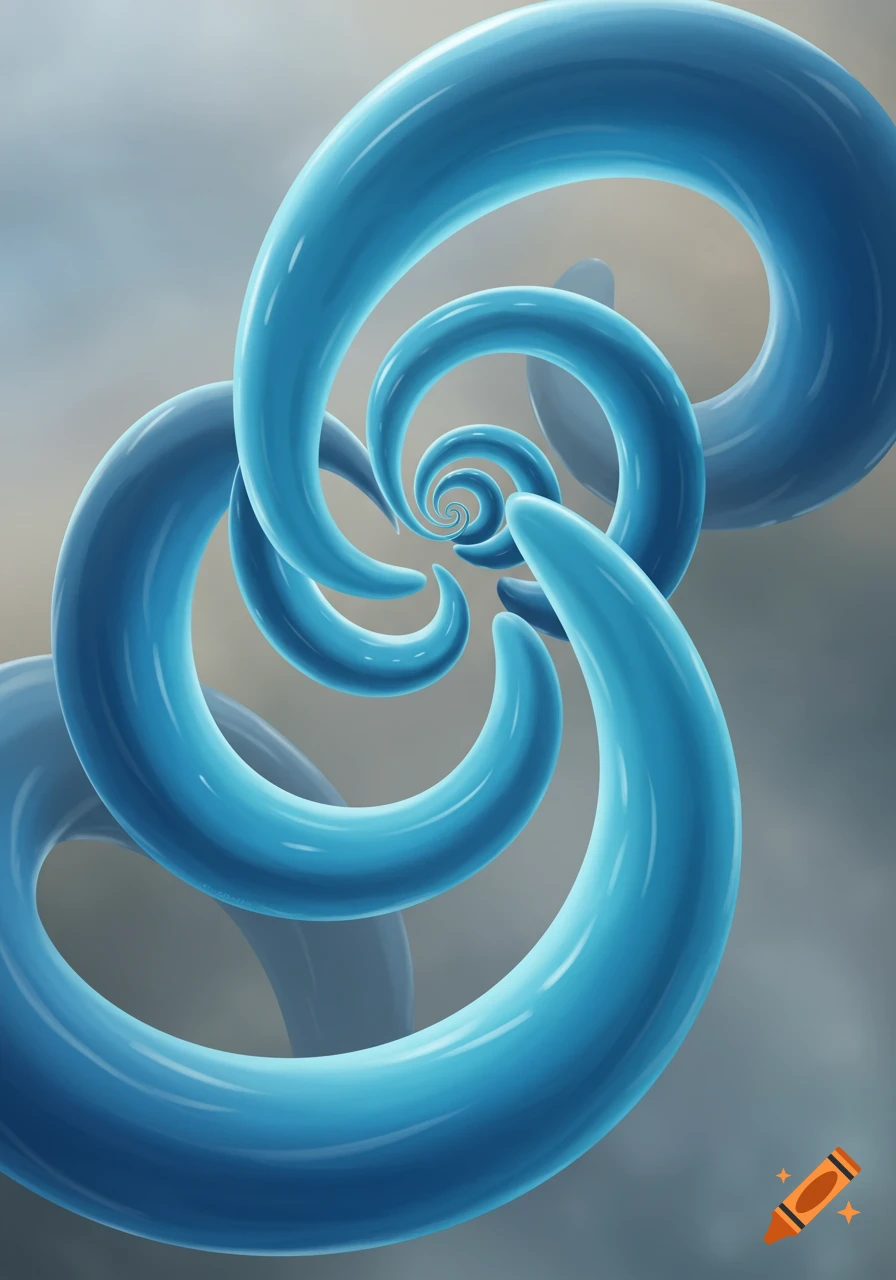 Abstract digital art of glossy blue spiraling swirls against a grey background.