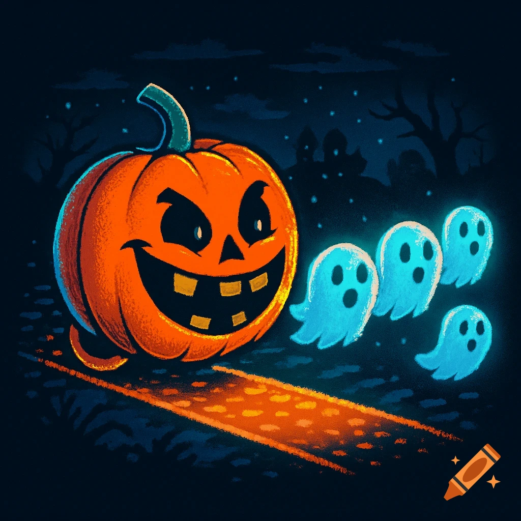 A happy jack-o'-lantern with gold teeth chases four glowing blue ghosts down a path on a dark Halloween night, cartoon style.