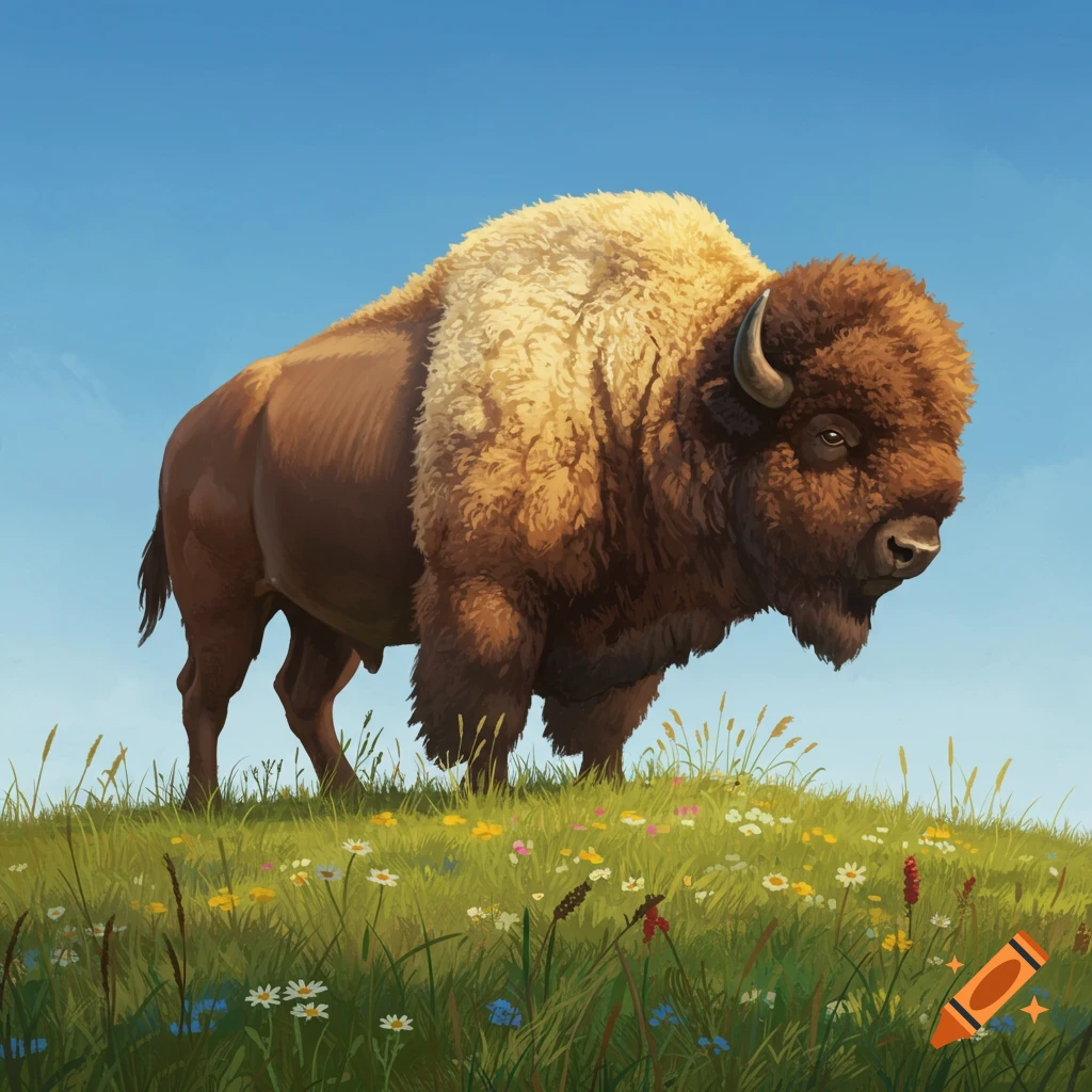 A bison with fluffy, light-colored fur stands on a grassy hill with wildflowers under a clear blue sky.