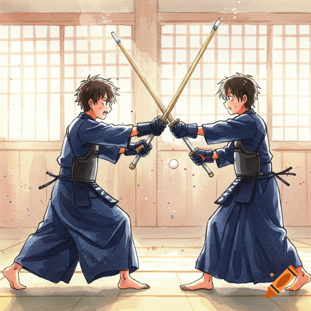 Two middle schoolers in blue kendo uniforms with shinai practice kendo in a watercolor anime style.