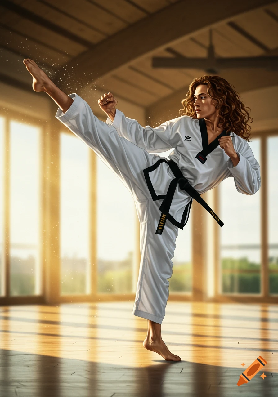 A woman with curly hair in a white Taekwondo uniform with a black belt performs a high kick in a sunlit dojo.