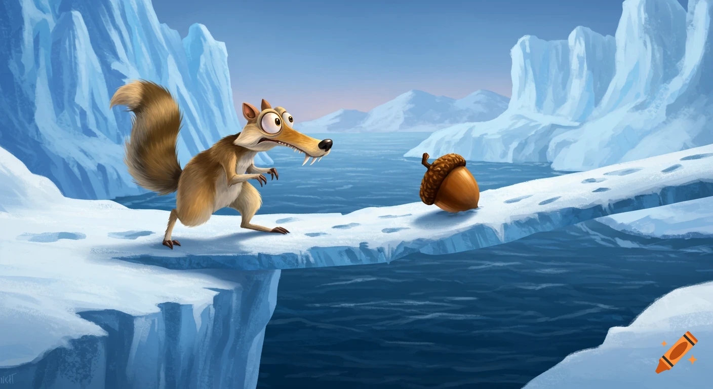 Animated Scrat on a narrow ice bridge over dark water, wide-eyed at an acorn across a chasm, arctic mountains in background.
