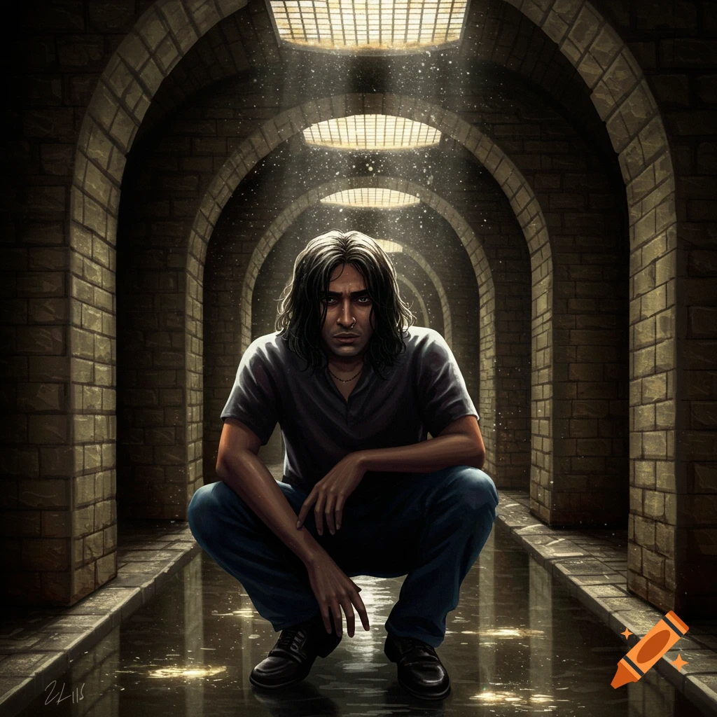 Digital painting of a man with long dark hair and a nose ring, squatting in a dark, arched tunnel with water on the floor, light shining from above.