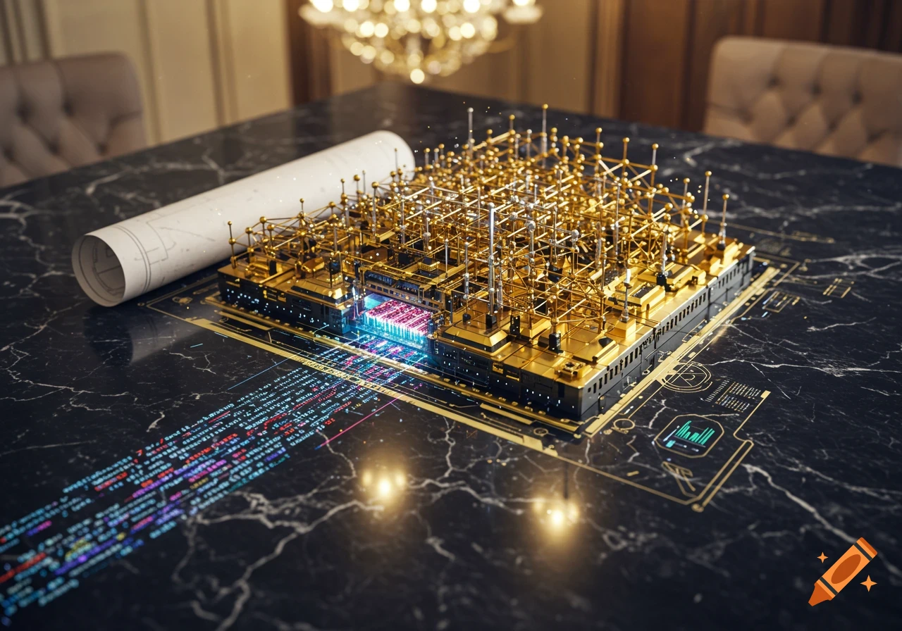 A golden, abstract business model with glowing data streams sits on a dark marble table next to a rolled blueprint, a 3D render.