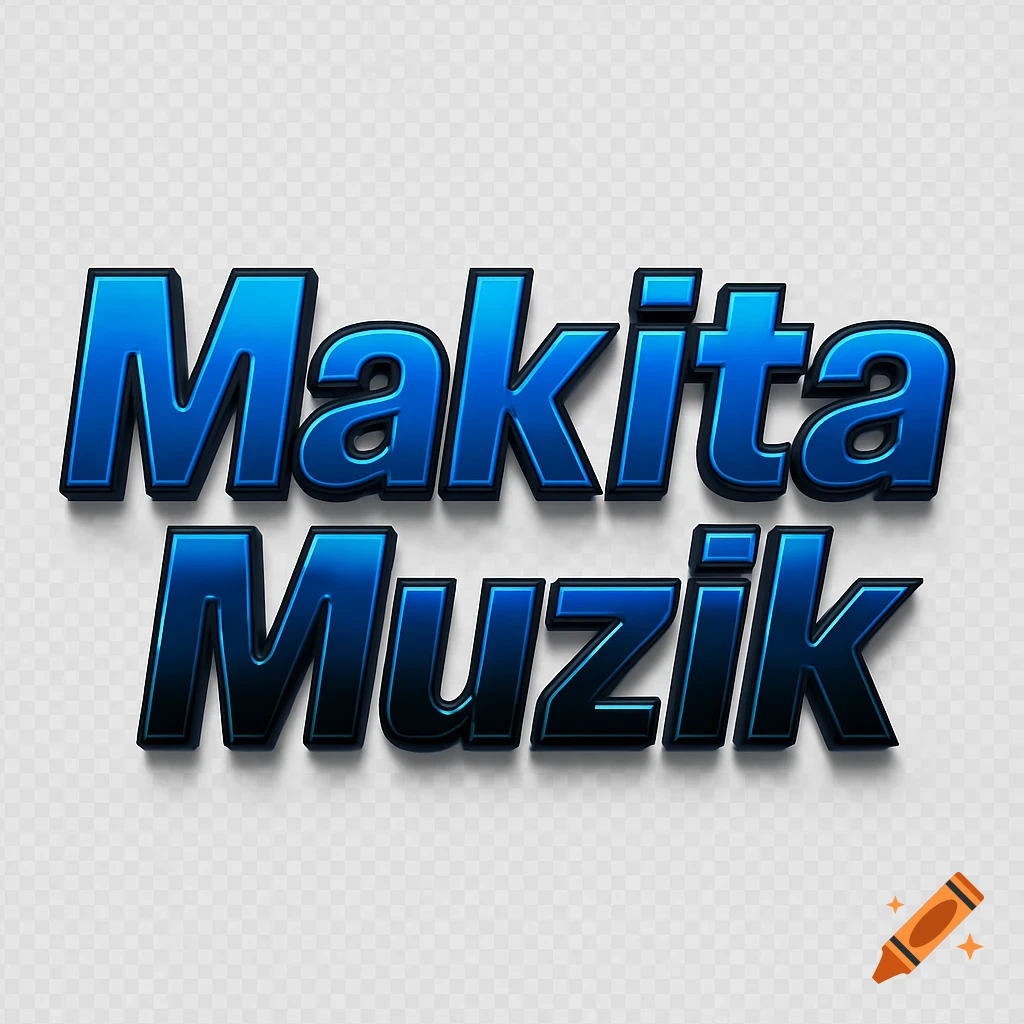 Stylized 3D text "Makita Muzik" in gradient blue with a black outline and shadow on a transparent background.