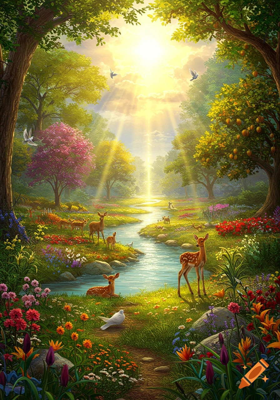 Radiant Garden of Eden with a winding river, lush trees, colorful flowers, deer, and birds basking in bright sunlight.
