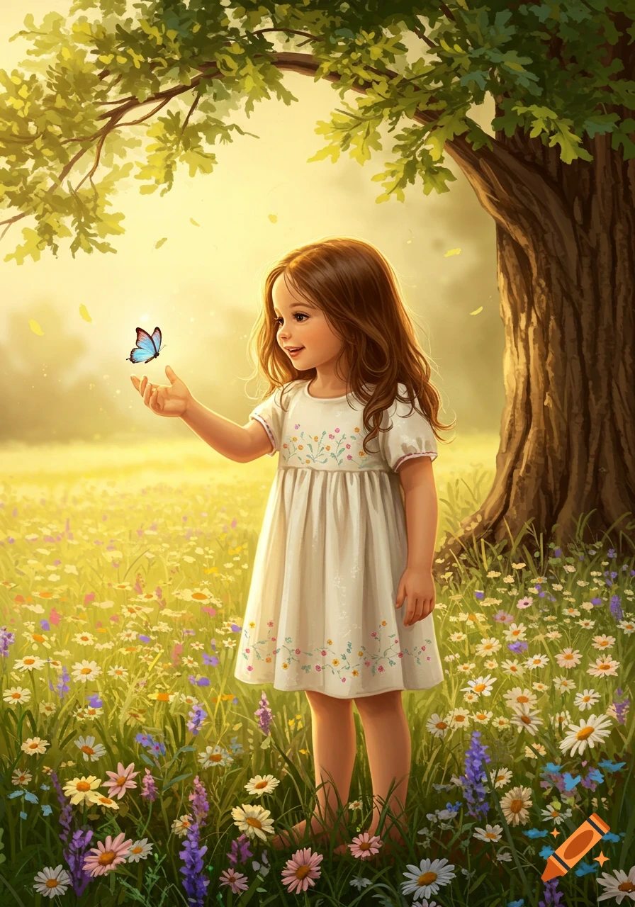 A young girl in a white dress stands in a sunny wildflower meadow, looking at a blue butterfly on her hand, under a leafy tree.