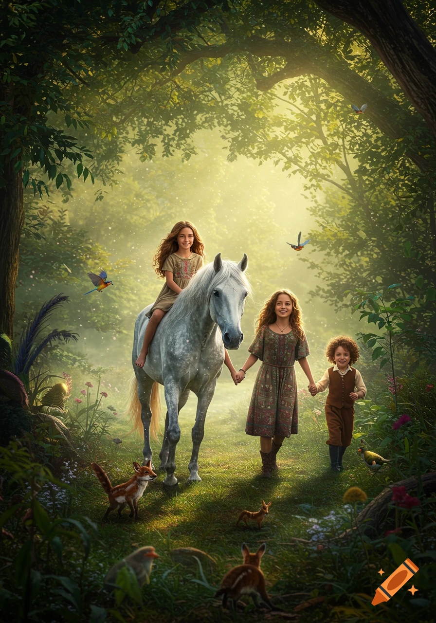 Three happy children, one riding a white horse, walk through a sunlit, foggy enchanted forest with animals.