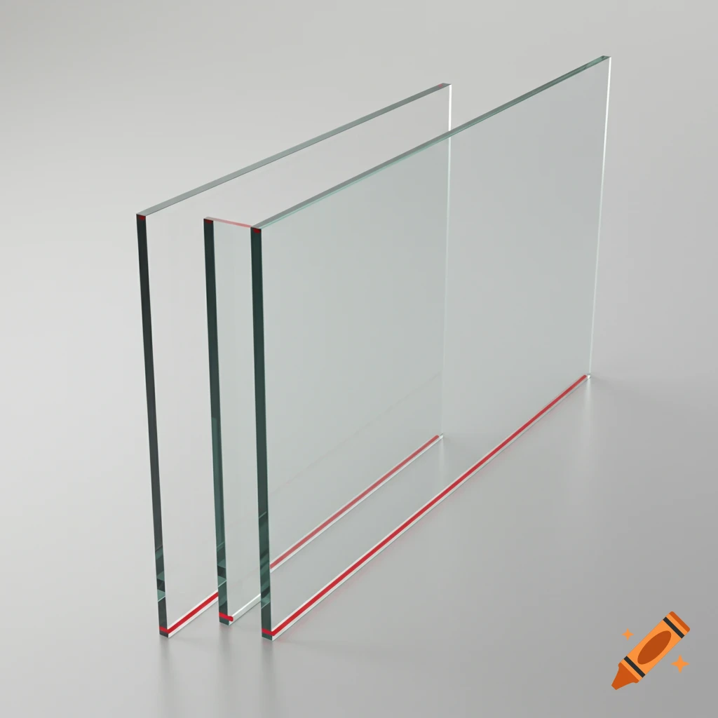 Two clear glass panes with thin red lines along their bottom edges, standing upright on a light gray surface.