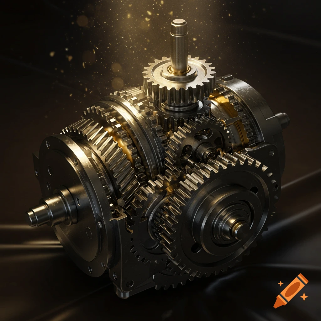 Detailed view of a complex metallic gearbox with interlocking gears, illuminated by golden light on a dark, reflective background.