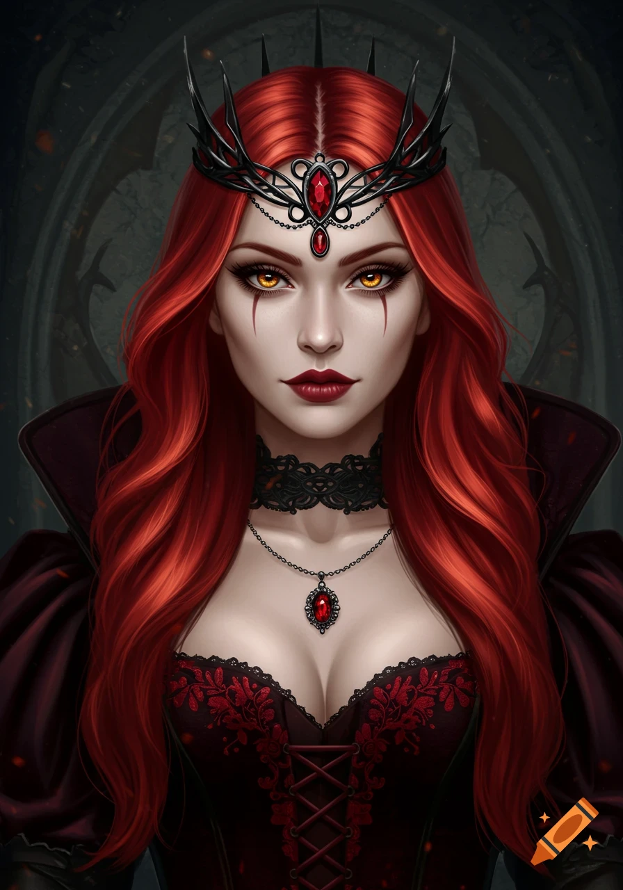 A beautiful queen with long red hair, glowing amber eyes, and red under-eye markings. She wears a black spiked crown with a red jewel, a black lace choker, a red jewel necklace, and a dark gown with red embroidery and a corseted bodice.