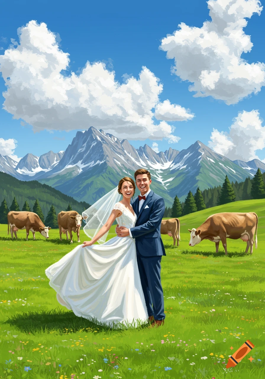 A smiling newlywed couple in a green field with cows, backed by majestic snow-capped mountains under a blue sky.