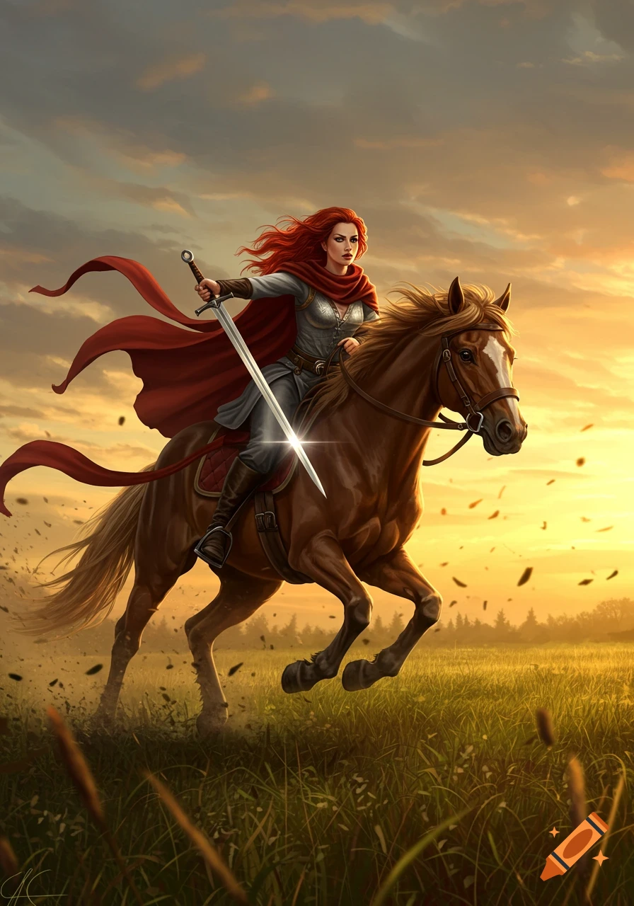 Red-haired woman in armor on a galloping brown horse, holding a sword high, in a grassy field at sunset. Fantasy art.