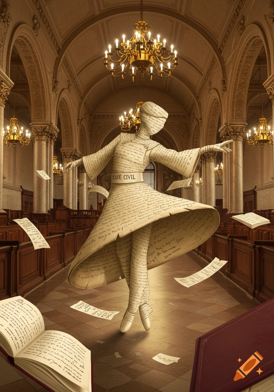 A paper figure with 'CODE CIVIL' on its waist dances in a grand hall filled with chandeliers, pillars, and wooden benches, with papers and open books scattered around.
