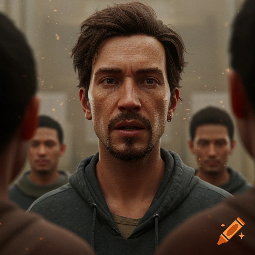 A photorealistic close-up of a man with a goatee and dark hair looking intently forward, surrounded by blurred figures.