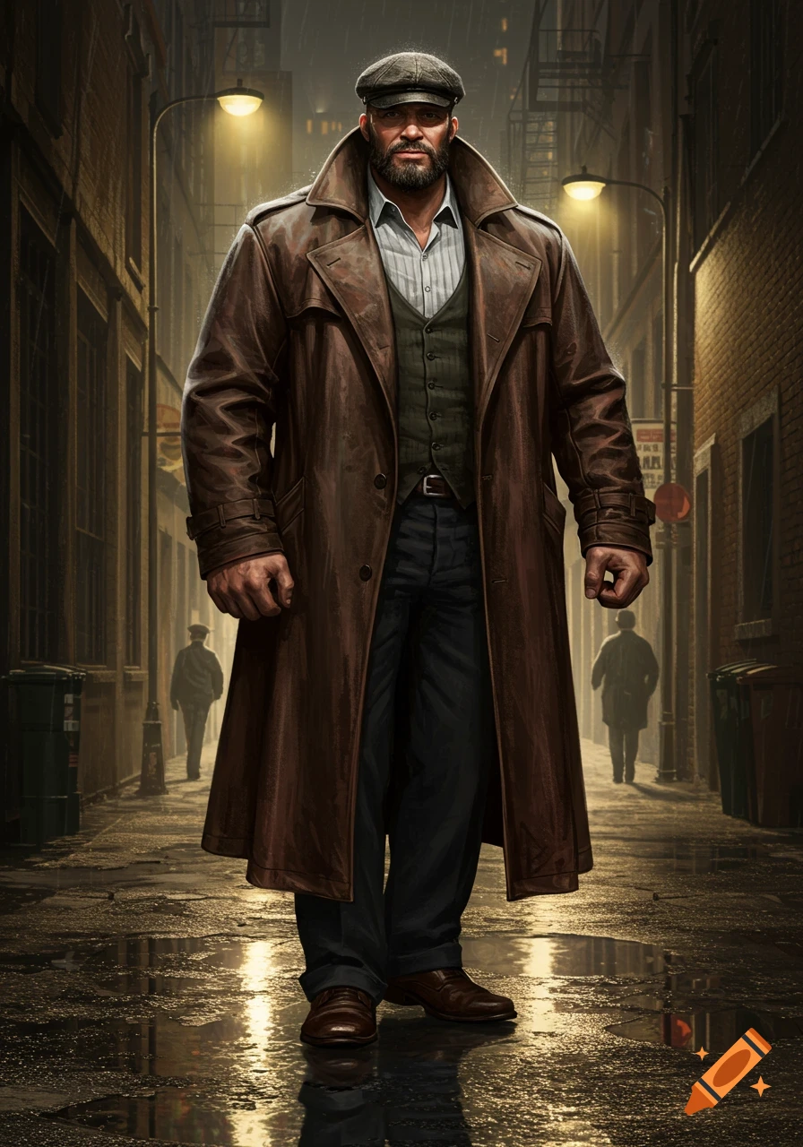 A tall, bearded man in a newsboy cap and leather trench coat stands in a dark, rainy urban alley, photorealistic.