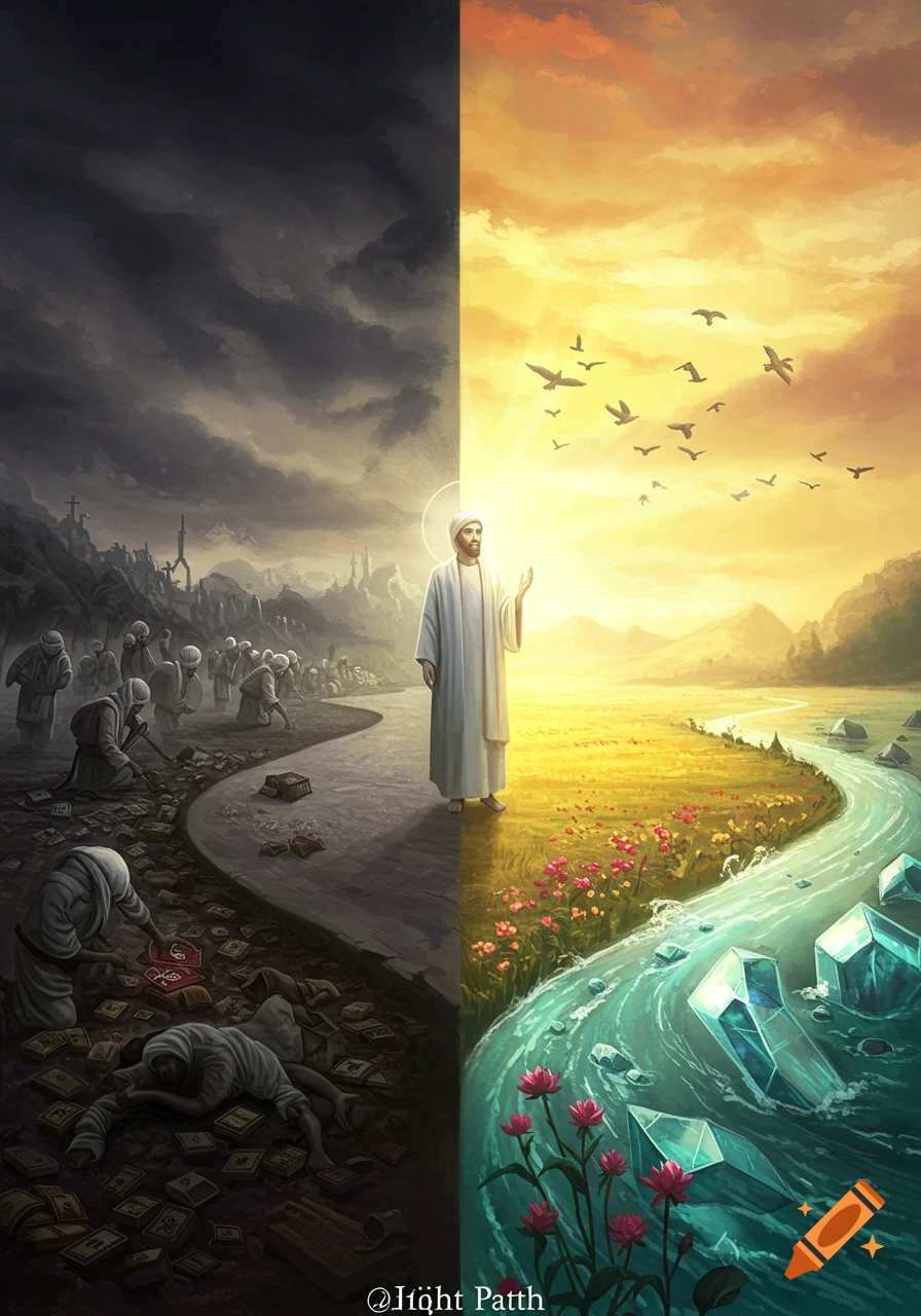Illustrative painting of Imam Ali at a crossroads: a dark path of materialism and a bright path of nature and spiritual light.
