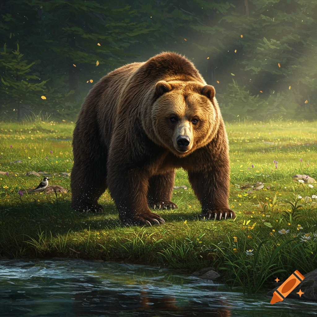 A photorealistic brown bear stands in a sunlit forest clearing with a stream in the foreground.