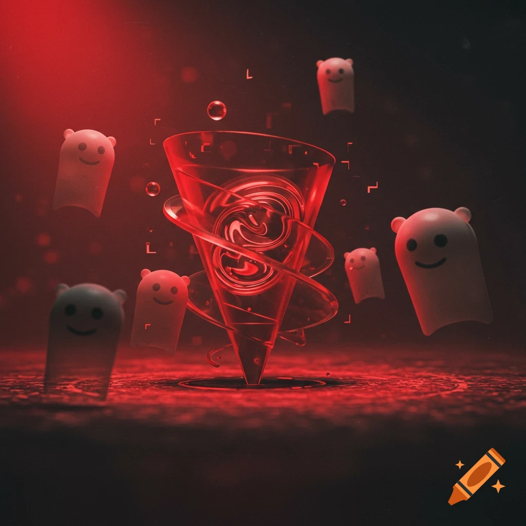 Red conical vortex with orbiting rings and smiling ghost-like figures in a dark digital art scene.