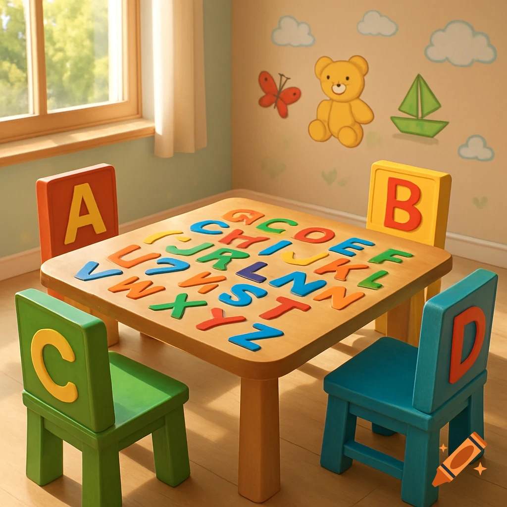 Photorealistic image of a colorful children's play table with alphabet letters and chairs in a bright playroom.