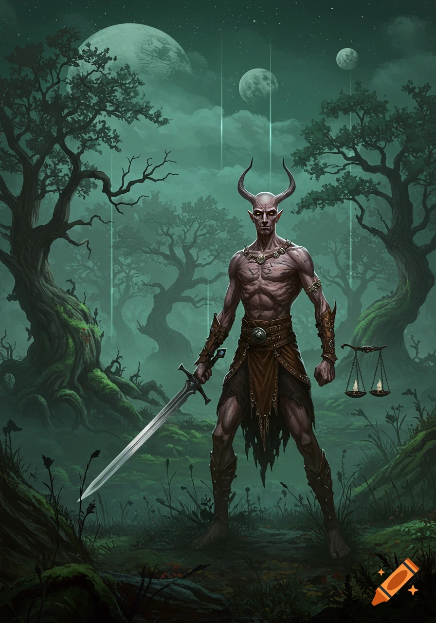 A horned, demonic-looking man with glowing eyes stands in a misty forest, holding a sword and scales under multiple moons.