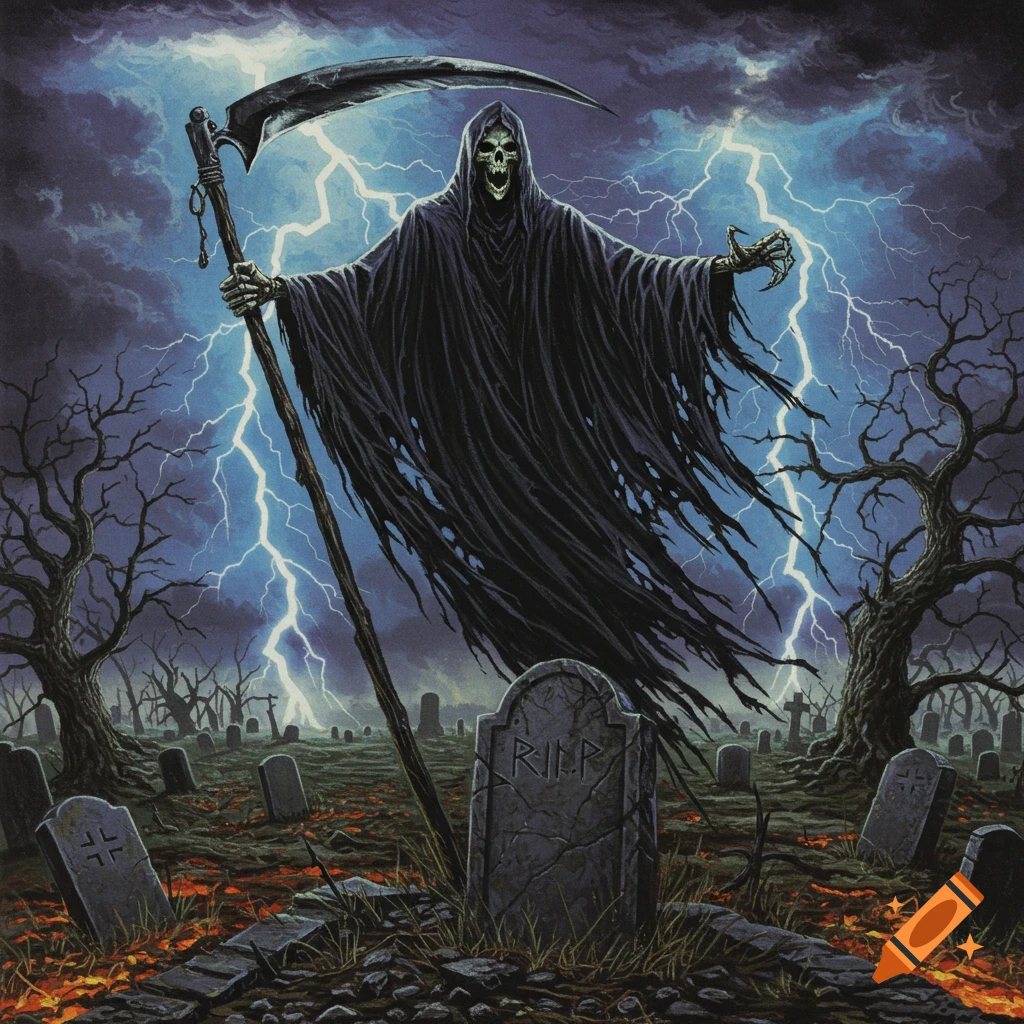 Grim Reaper hovering with a scythe over a gravestone in a lightning-filled graveyard, in an oil pastel thrash metal album art style.