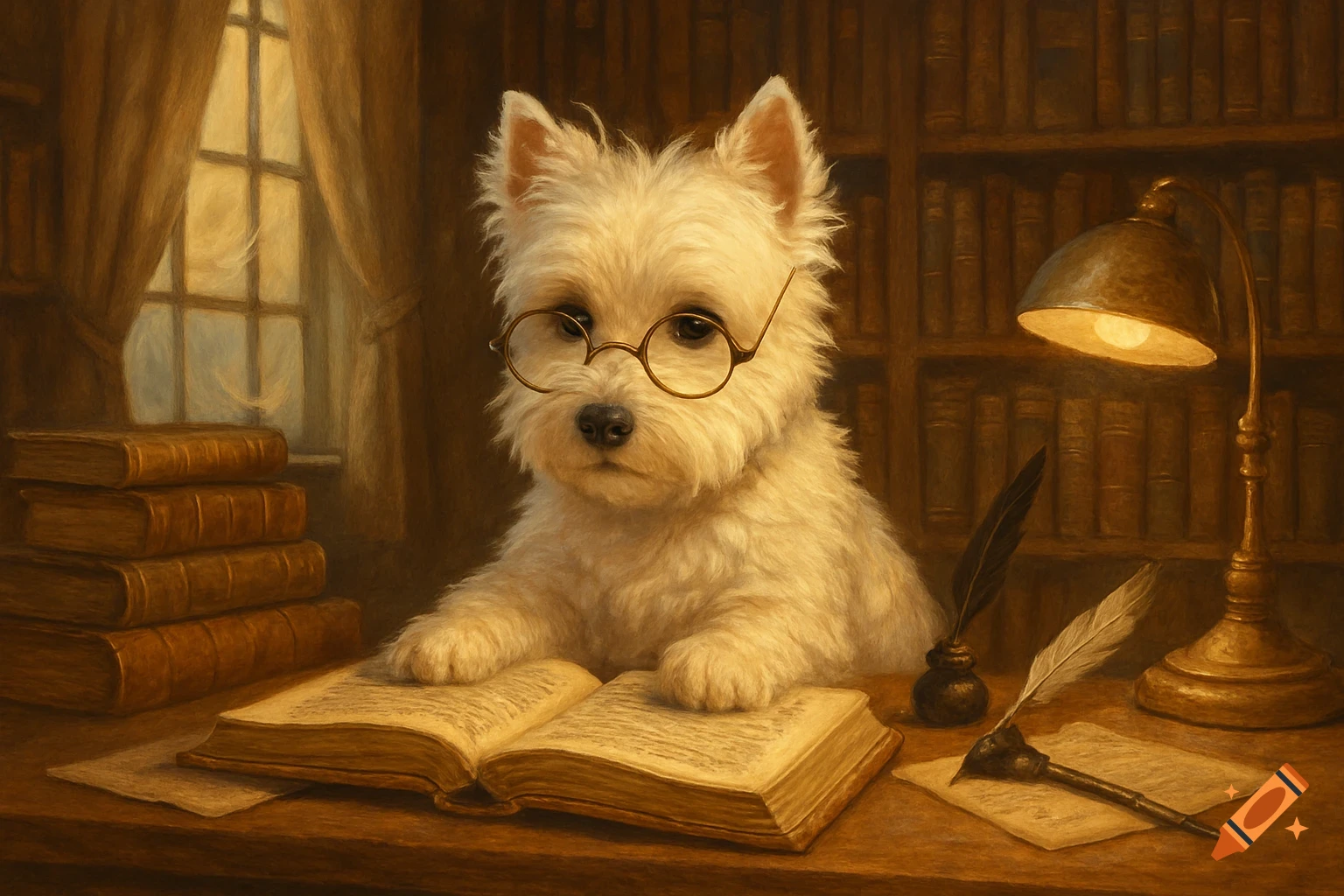 A Westie dog wearing glasses studies an open book at a wooden desk with a lamp, ink, and quill pens, in a warm, painterly style.
