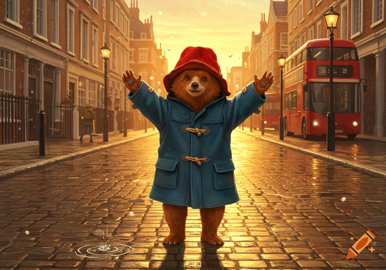 Paddington Bear, wearing a red hat and blue coat, stands with arms raised on a cobblestone street in London at sunset, with red double-decker buses in the background.