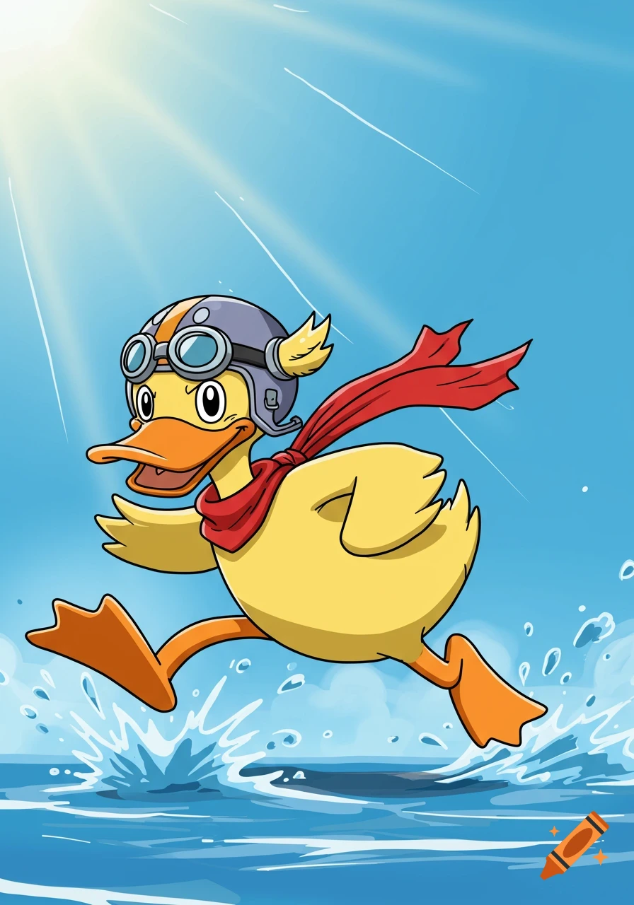 A cartoon duck in a pilot helmet, goggles, and red scarf runs and splashes through water under a sunny sky.