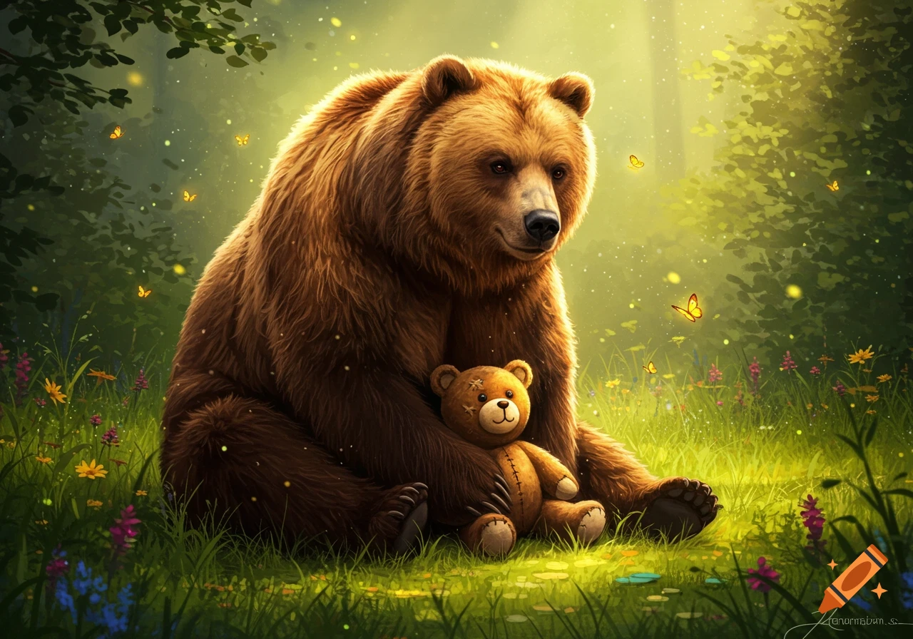 A large brown bear sits in a sunlit forest, gently holding a small brown teddy bear amidst wildflowers and butterflies.