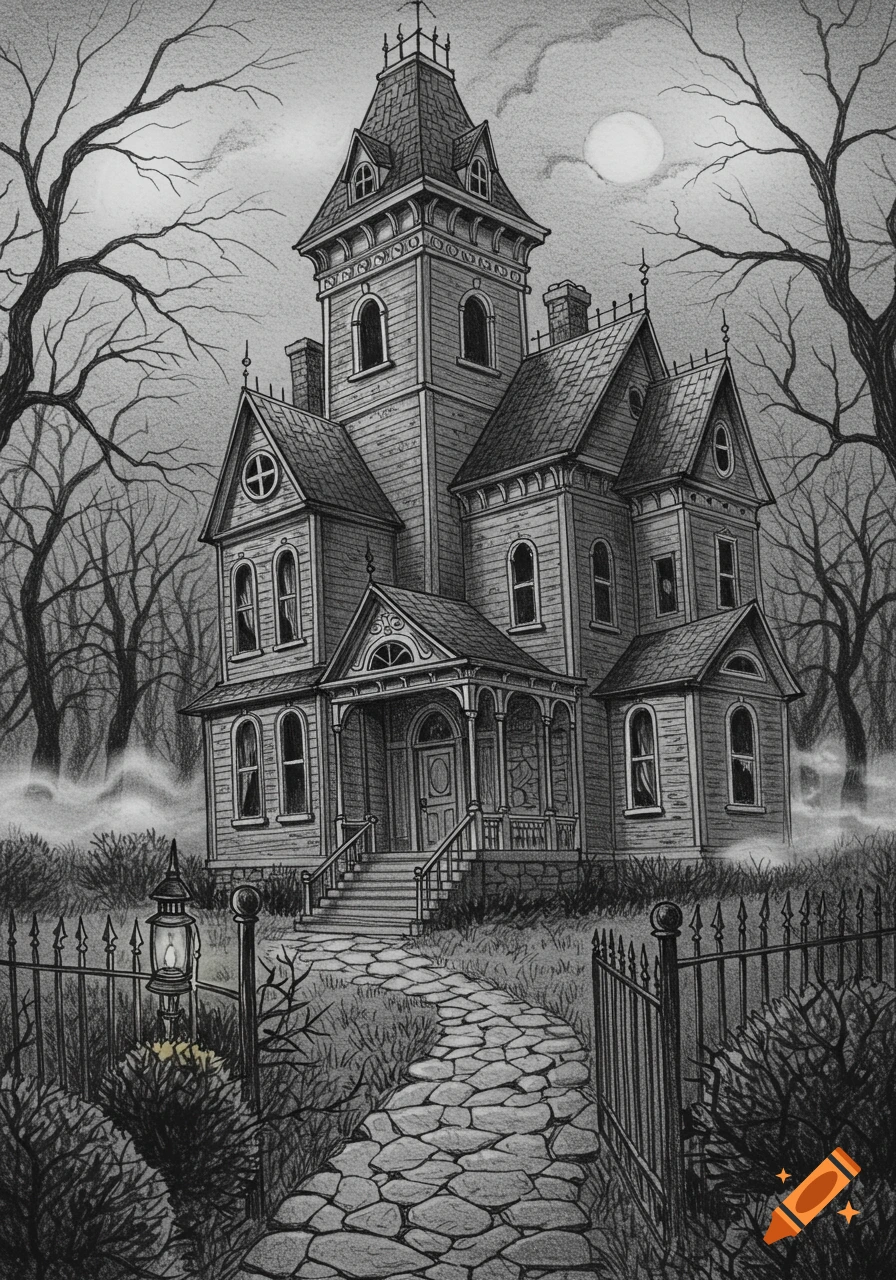 Detailed black and white drawing of a spooky, tall Victorian haunted house with a tower, bare trees, fog, and full moon.